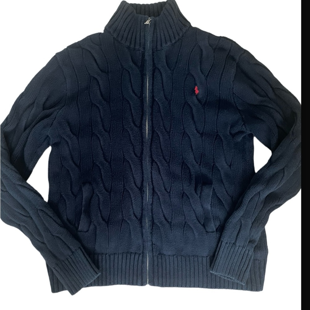 Ralph Lauren Navy Cable-Knit Zip Cardigan with Red Pony